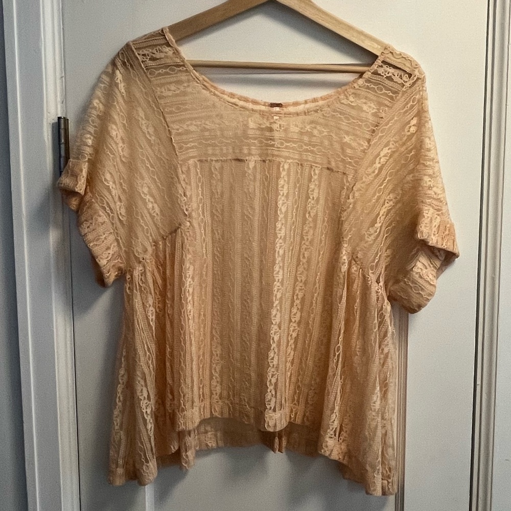 Free People Peach Tea Lace Sheer Oversized Split Back Top - Picture 3 of 5